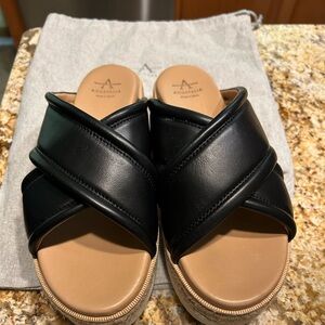 Aquatalia Black leather slides with straw platform slides